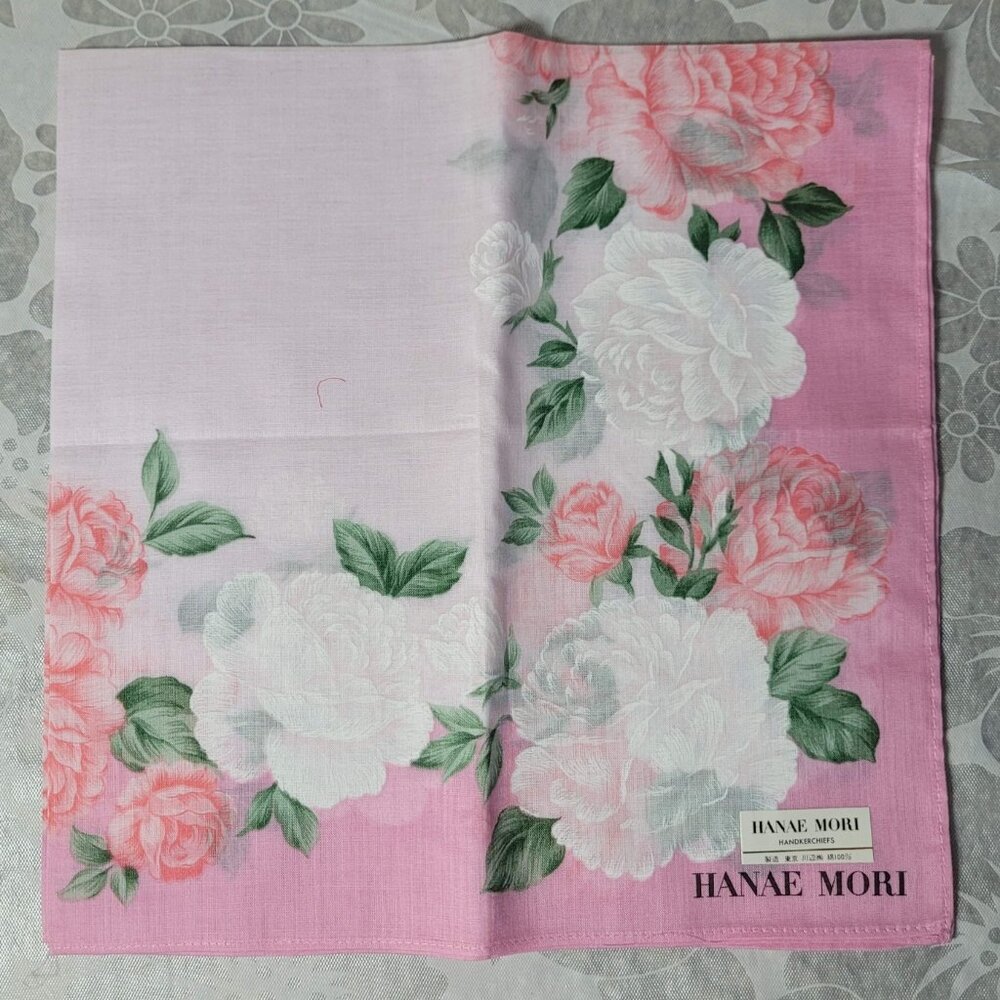 NWT HANAE MORI Floral White Pink Cotton Handkerchief 16.5" Vintage 80s